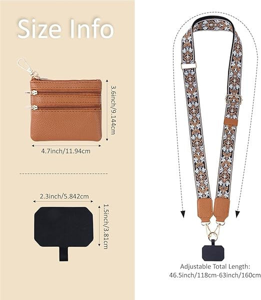 Phone Strap with Zippered Pouch, Detachable Clip and Go Strap with Leather Wallet Crossbody Adjustable Chain Lanyard Mobile String for Phones Sling Case, Gift for Women