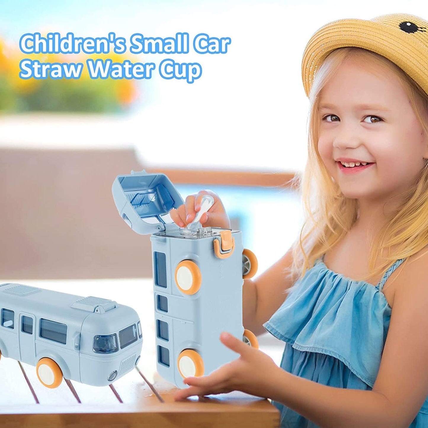 Bus Water Bottle for Kids-16oz Detachable Bus Straw Water Cup with Shoulder Strap Leak-Proof Kids Drink Cup Cartoon Water Jug Toy with Wheels Toddler Water Bottle