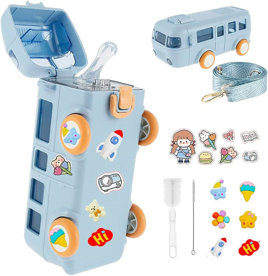 Bus Water Bottle for Kids-16oz Detachable Bus Straw Water Cup with Shoulder Strap Leak-Proof Kids Drink Cup Cartoon Water Jug Toy with Wheels Toddler Water Bottle