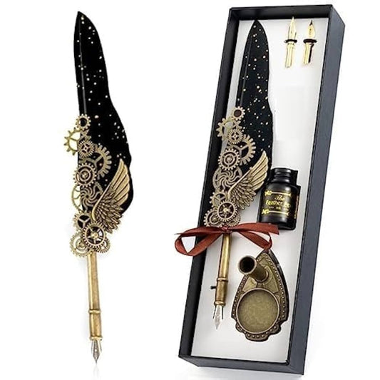 Feather Pen and Ink Set, Mechanic Style Quill Calligraphy Pen with Blue or Black Ink, 2 Replacement Nibs and Pen Holder, Vintage Signature Fountain Dip Pen Gift Set (Black)