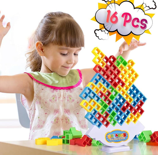 Tetra Tower Game, Tower Building Game, Truz Swinging Tetra Tower Balance Stacking Building Balance Blocks Colorful Building Blocks for Kids 5+ Years and Adults Party Games (16 Pcs)
