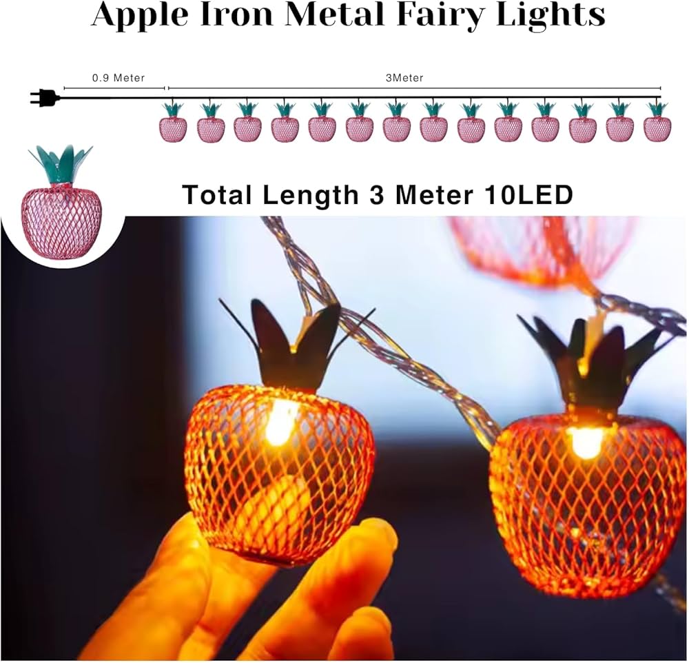 3 Meter 10 LED Apple Metal String Lights – Perfect for Indoor/Outdoor Decoration for Diwali, Christmas, Birthday, Navratri, and Valentine’s Day Gifts