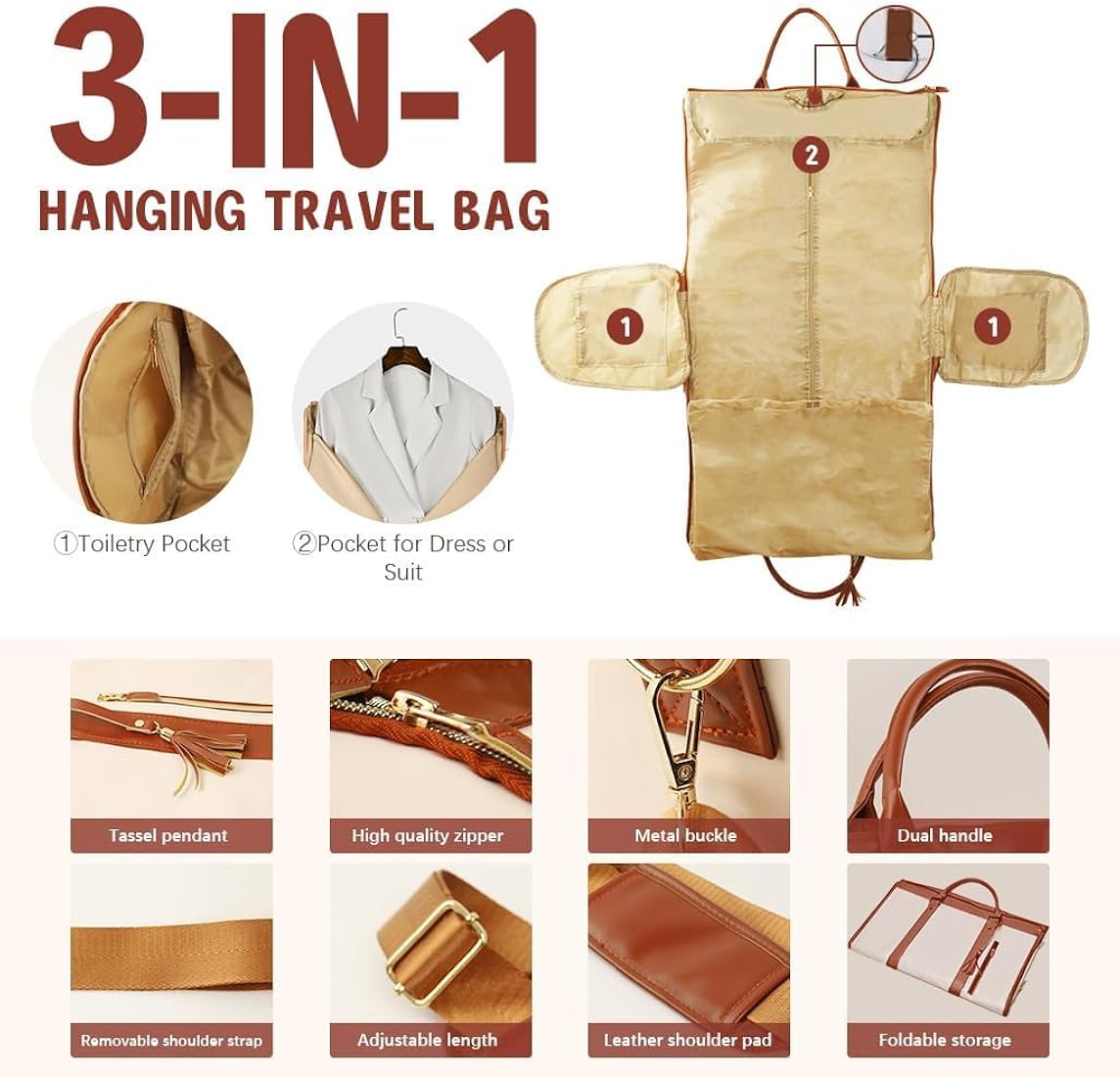 Leather Garment for Garment Bags for Travel,Convertible Carry on Large Duffle Bags with Suit Compartment|Convertible Hanging Suitcase Suit Garment Bag for Men and Women|Shoe Pouch