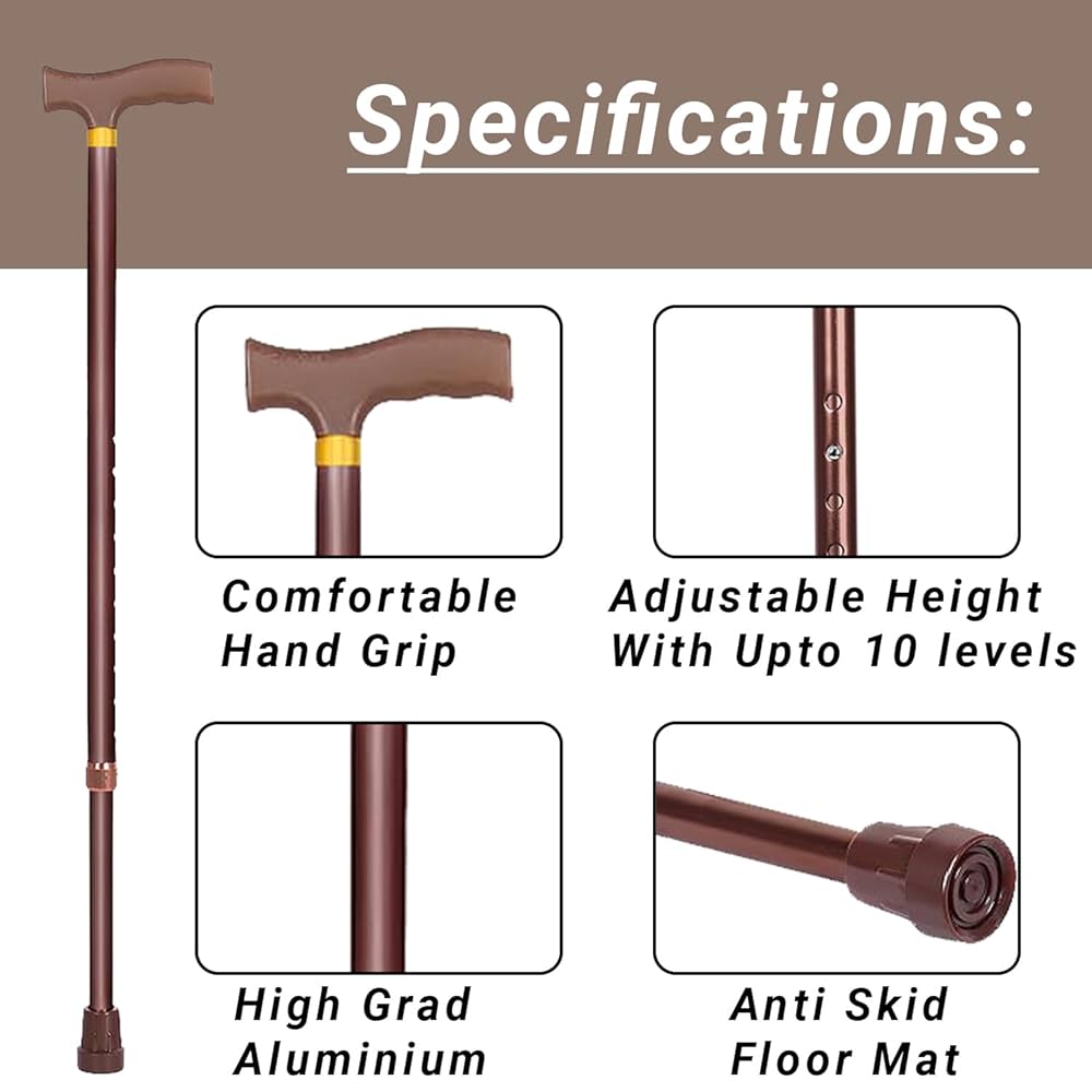 Jindal Premium Height Adjustable Walking Stick Aluminium Cane Hand Stick Trekking Support Stick for Men, Women & Old People