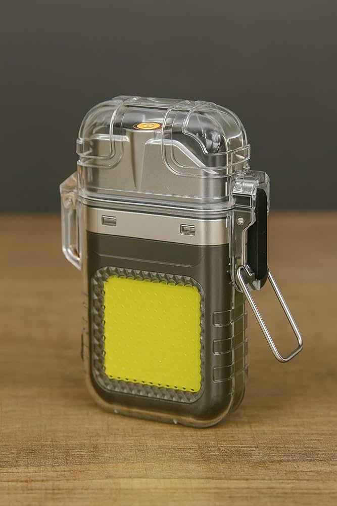 Waterproof USB Rechargeable LED Flashlight Lighter – Transparent Keychain Torch with Plasma Arc, Windproof Flameless Mini Lantern for Outdoor, Camping, Hiking & Survival