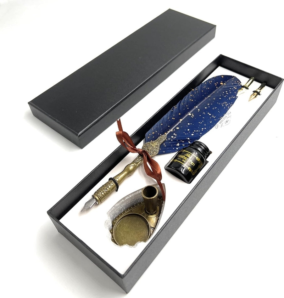 Vintage Carving Glittering Quill Pen Set Antique Calligraphy set Writing Dip Pen with Black Ink, 2 Replacement Nibs, Pen Stand Base, Luxury Signature Pen.