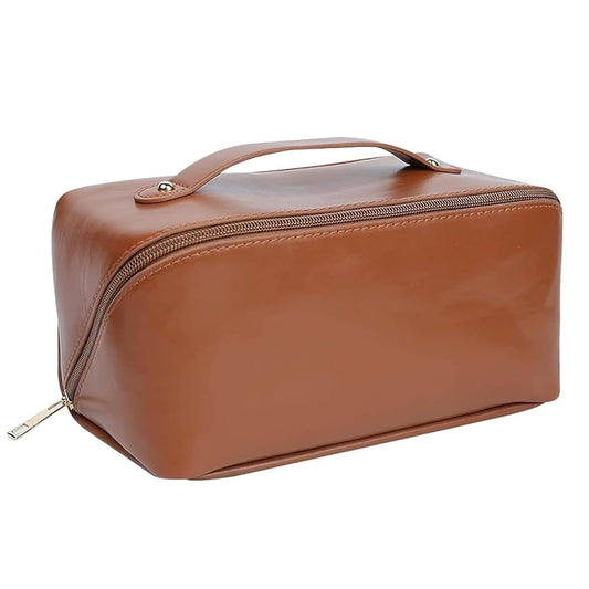 Makeup Pouch, Large Capacity Cosmetic Travel Bag, Women's Makeup Travel Bag Portable Leather Cosmetics Bag, Makeup Bags with Handle and Divider, Wide Opening Makeup Organizer