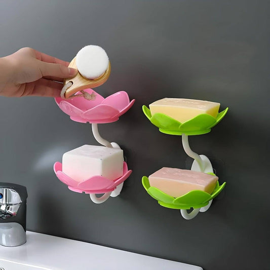 Wall Mounted Double Layer Soap Dish Holder – Flower Design Sabundani with Magic Sticker, Self Adhesive Sponge & Soap Rack for Kitchen & Bathroom (1 PC)