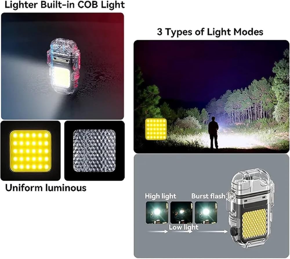 Waterproof USB Rechargeable LED Flashlight Lighter – Transparent Keychain Torch with Plasma Arc, Windproof Flameless Mini Lantern for Outdoor, Camping, Hiking & Survival