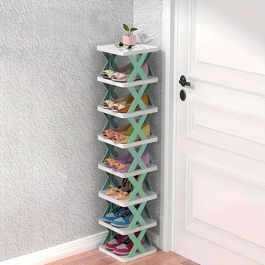 Multipurpose Shoe Rack for Home Plastic, Adjustable Stand Organizer Stackable Storage Bedroom Entryway Shelf Footwear Collapsible Corner Tower Shoes and Book Slots Rack (8 Layer Shoe Rack)